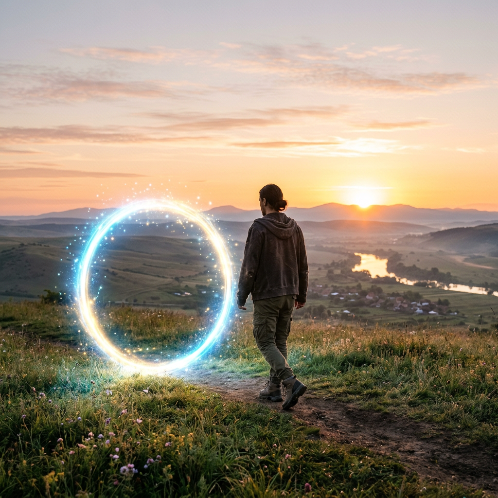 Man walking towards a luminous magical portal in the countryside at sunset